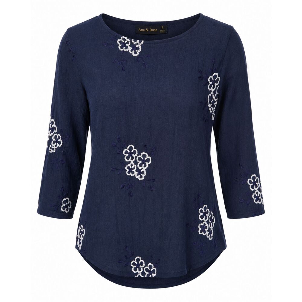 Ana & Rose Navy Blue Floral Embroidered Blouse Women’s Size Small